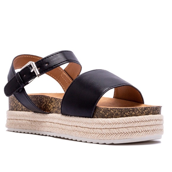 Qupid Cancun Black Rafia Espadrille Cork Wedge Platform Sandal - Picture 4 of 12